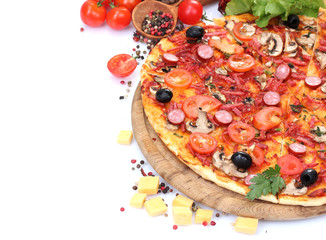 delicious pizza, vegetables and salami isolated on white.