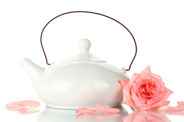 teapot of tea with rose isolated on white