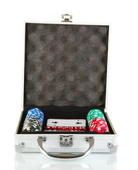 Poker set in metallic case isolated on white background