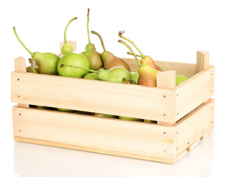 Ripe Pears In Crate Isolated On White.