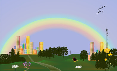 Fototapeta premium brigh city and rainbow illustration