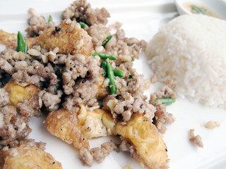 Pork fried rice and chili.