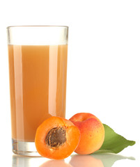 glass of apricot juice and apricots with leaf isolated on white