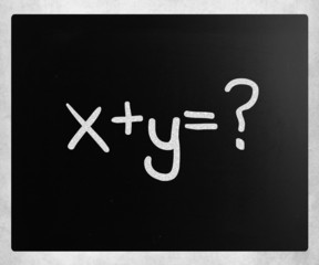 "x+y=?" handwritten with white chalk on a blackboard