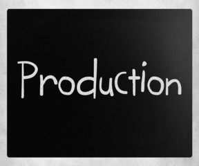 "Production" handwritten with white chalk on a blackboard