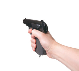 Gun in hand on a white background. Aiming