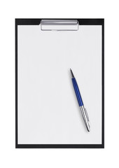 Clipboard with blank paper and pen on a white background