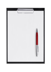 Clipboard with blank paper and pen on a white background