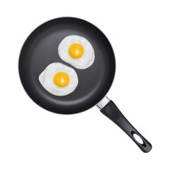Fried eggs. Pan with handle on white background