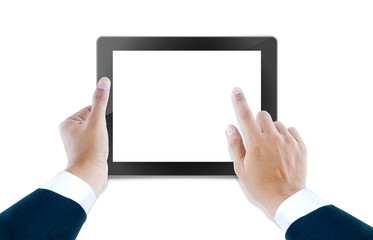 tablet computer Isolated on white background and hand