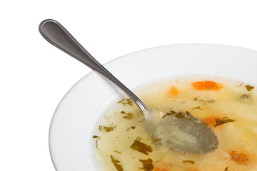 Fresh soup in plate, spoon in soup