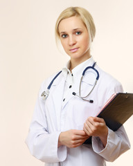 A female doctor with a folder , isolated on white background