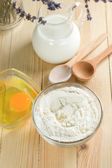 Basic ingredients for dough. Milk, eggs and flour.