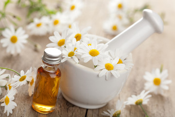 essential oil and camomile flowers in mortar