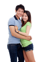 Happy young Asian couple isolated on white background.