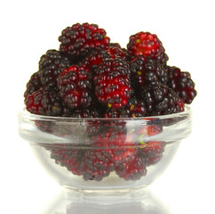 Transparent bowl with ripe mulberries isolated on white