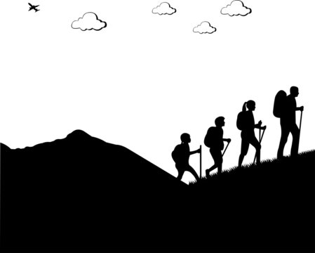 Mountain climbing, hiking family with rucksacks silhouette