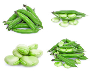 bunch of broad beans on a white background collage