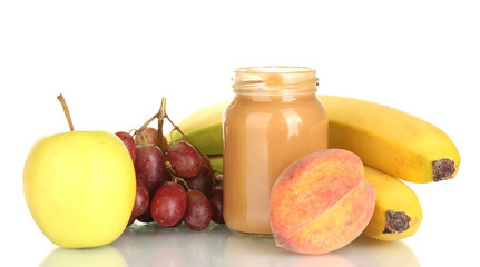 Jar with fruit baby food and fruits isolated on white