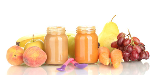 Jars with fruit and vegetables baby food and fruits and
