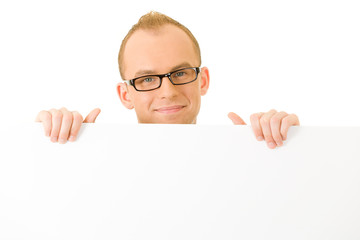 businessman holding a white billboard