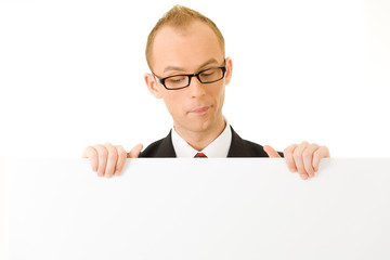 businessman holding a white billboard