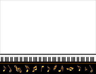 Music Poster, piano keyboard, gold notes, copy space, concerts