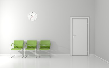 Three green chairs and wall clock in the waiting room