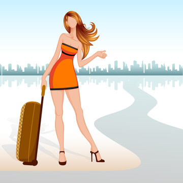 vector illustration of lady with travel bag seeking lift