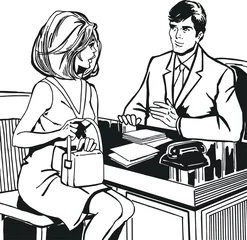 Poster de jardin Des bandes dessinées Illustration avec un couple au bureau