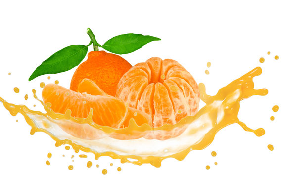 Tangerine with leaves, slices and splash isolated on white