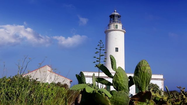 Formentera La Mola lighthouse in the blue Mediterranean sea