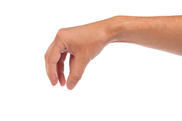 Male hand reaching for something on white
