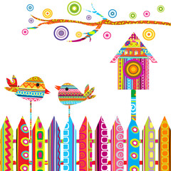 Obraz premium Card with two birds on a fence and birdhouse