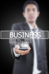 Businessman Holding mobile with Business word.