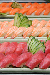 Tuna sushi, Salmon sushi, Shrimp sushi