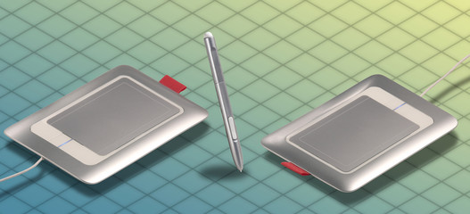 ISOMETRIC Photograph Isolated  of a graphic tablet and pen