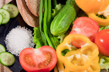 vegetables with greenery, rye bread and large salt on a dish