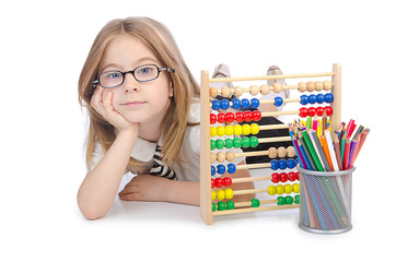 Girl with abacus on white