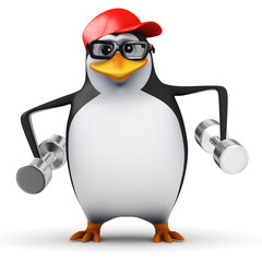 3d Penguin in baseball cap with weights