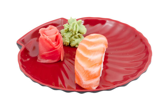 studio shoot of japanese sushi vaki with salmon on white backgro