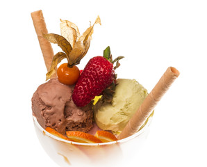 yogurt and chocolate ice cream in a bowl close up