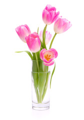 Pink tulips bouquet in vase isolated on white background