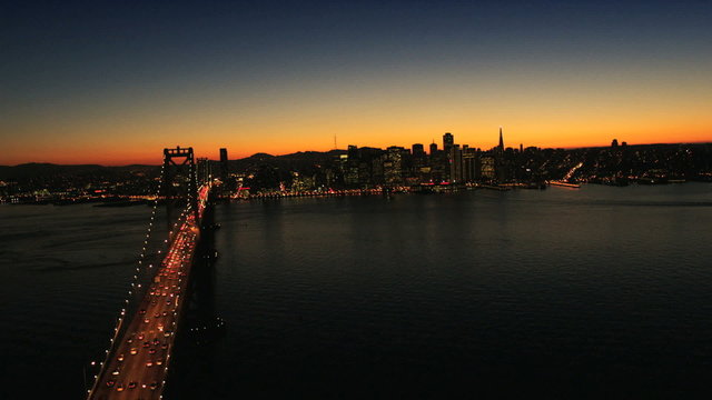 Aerial sunset view of the Oakland Bay bridge, USA