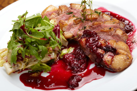 grilled steak with cherry sauce
