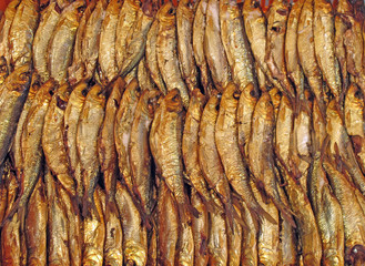 smoked fish sardines and anchovies sold at fish market in Latvia