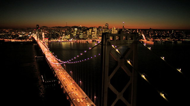Aerial sunset view of the Oakland Bay Bridge, USA