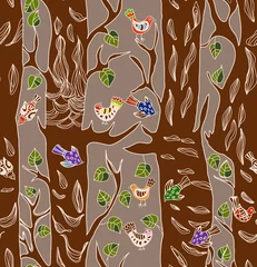 Abwaschbare Fototapete Vögel im Wald Nahtloser Hintergrund mit lustigen Vögeln und Baum