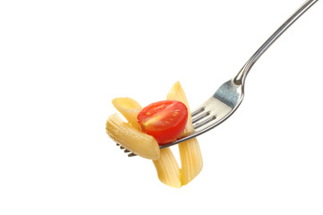 Pasta and tomato on a fork