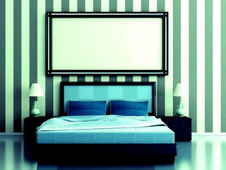 bedroom with a bed and bedside tables in blue tones